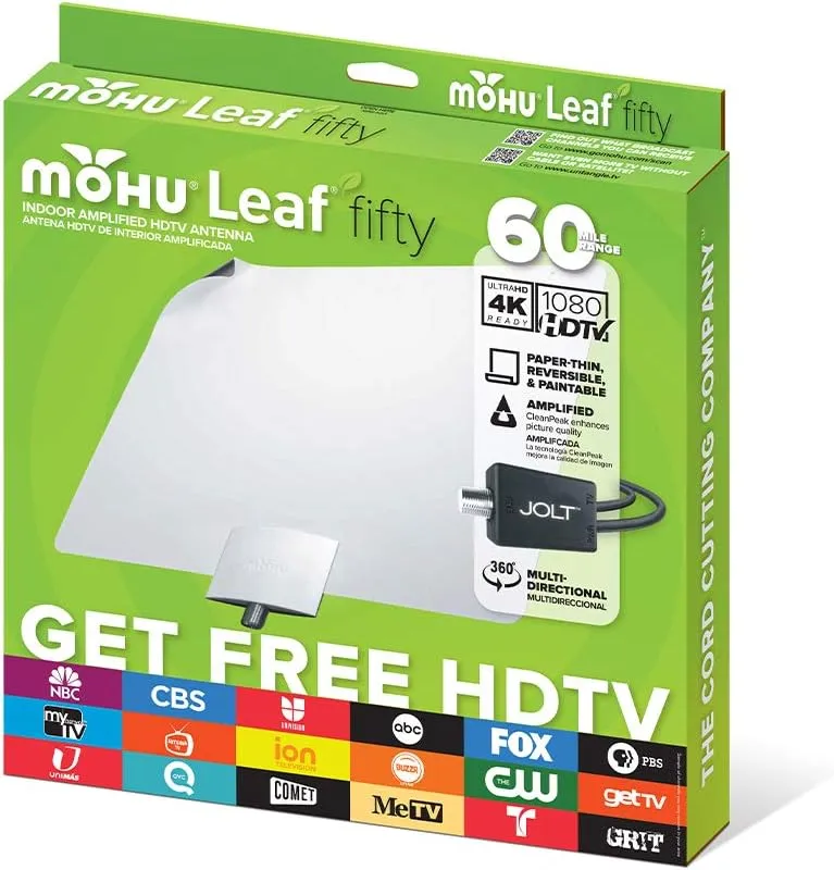 Mohu Leaf 50 Original Paper-Thin Indoor TV Antenna, UHF VHF, 60-Mile Range, Multi-Directional, 4K 8K UHD NEXTGEN TV - w/ 12 ft. Cable, Jolt Switch