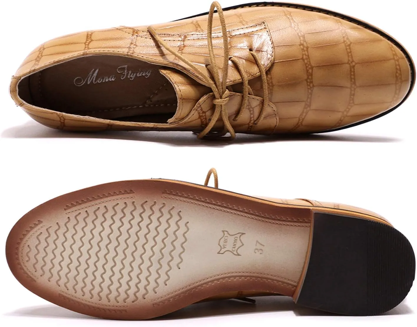 Mona flying Women's Fashion Croc Embossed Oxfords Derby Lace-up Leather Flat Shoes for Ladies
