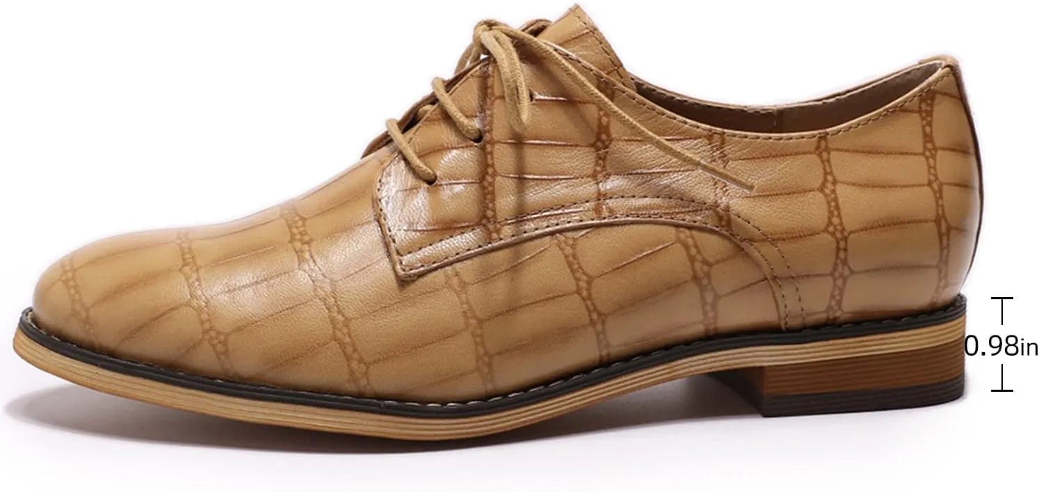 Mona flying Women's Fashion Croc Embossed Oxfords Derby Lace-up Leather Flat Shoes for Ladies