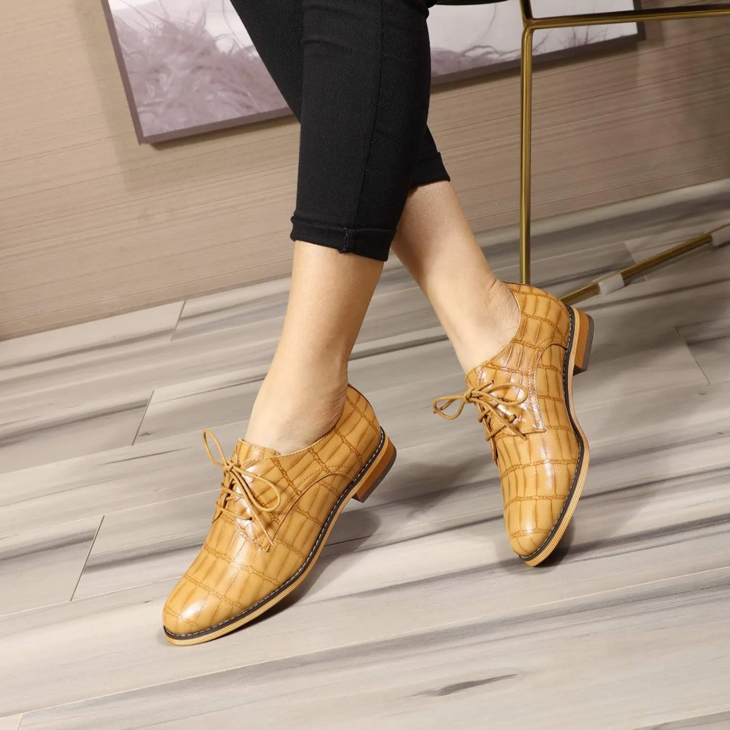 Mona flying Women's Fashion Croc Embossed Oxfords Derby Lace-up Leather Flat Shoes for Ladies