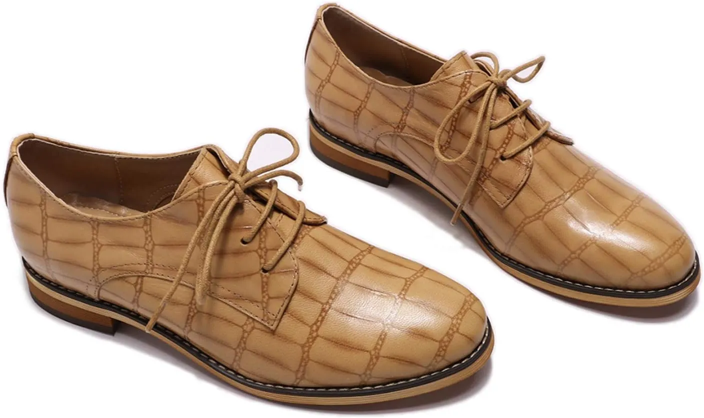 Mona flying Women's Fashion Croc Embossed Oxfords Derby Lace-up Leather Flat Shoes for Ladies