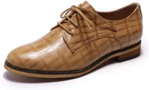 Mona flying Women's Fashion Croc Embossed Oxfords Derby Lace-up Leather Flat Shoes for Ladies