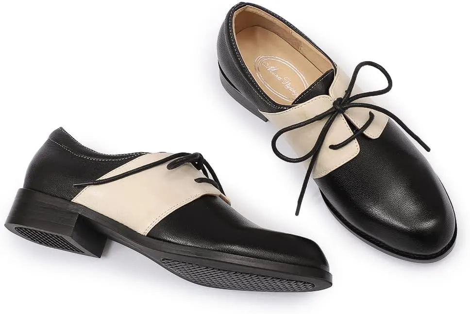 Mona flying Women's Handmade Two Tone Dress Oxfords Derby Comfy Lace up Leather Shoes for Ladies