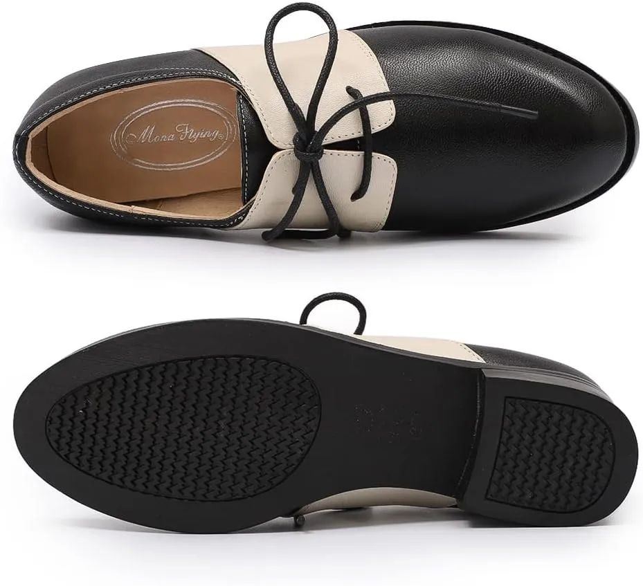 Mona flying Women's Handmade Two Tone Dress Oxfords Derby Comfy Lace up Leather Shoes for Ladies