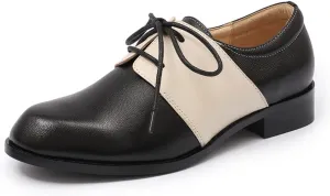 Mona flying Women's Handmade Two Tone Dress Oxfords Derby Comfy Lace up Leather Shoes for Ladies