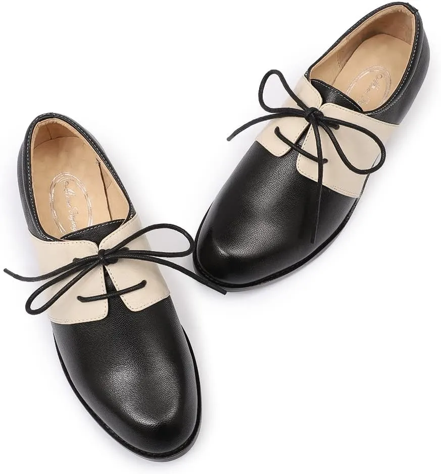 Mona flying Women's Handmade Two Tone Dress Oxfords Derby Comfy Lace up Leather Shoes for Ladies