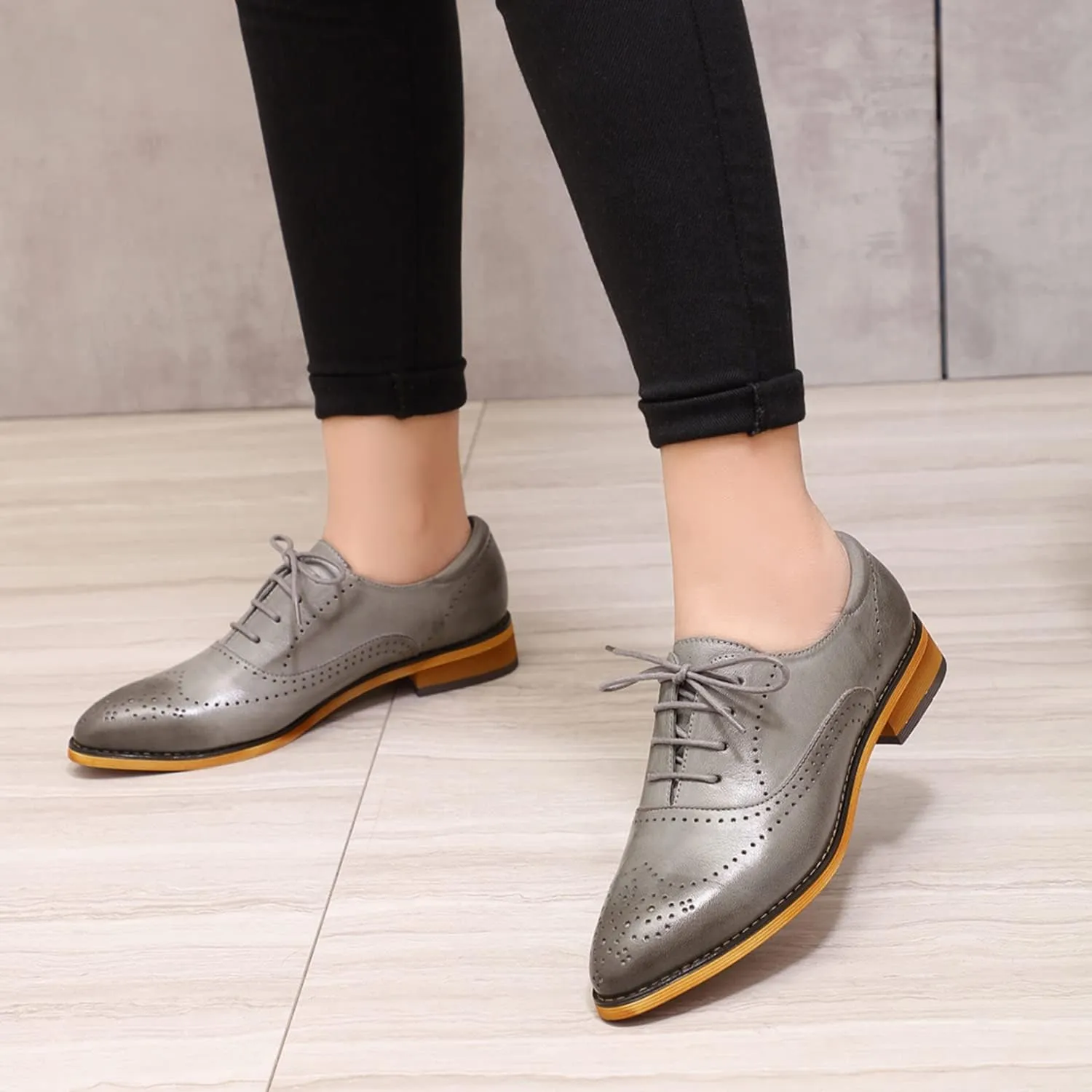 Mona flying Women's Leather Perforated Lace-up Oxfords Brogue Derby Shoes for Ladies