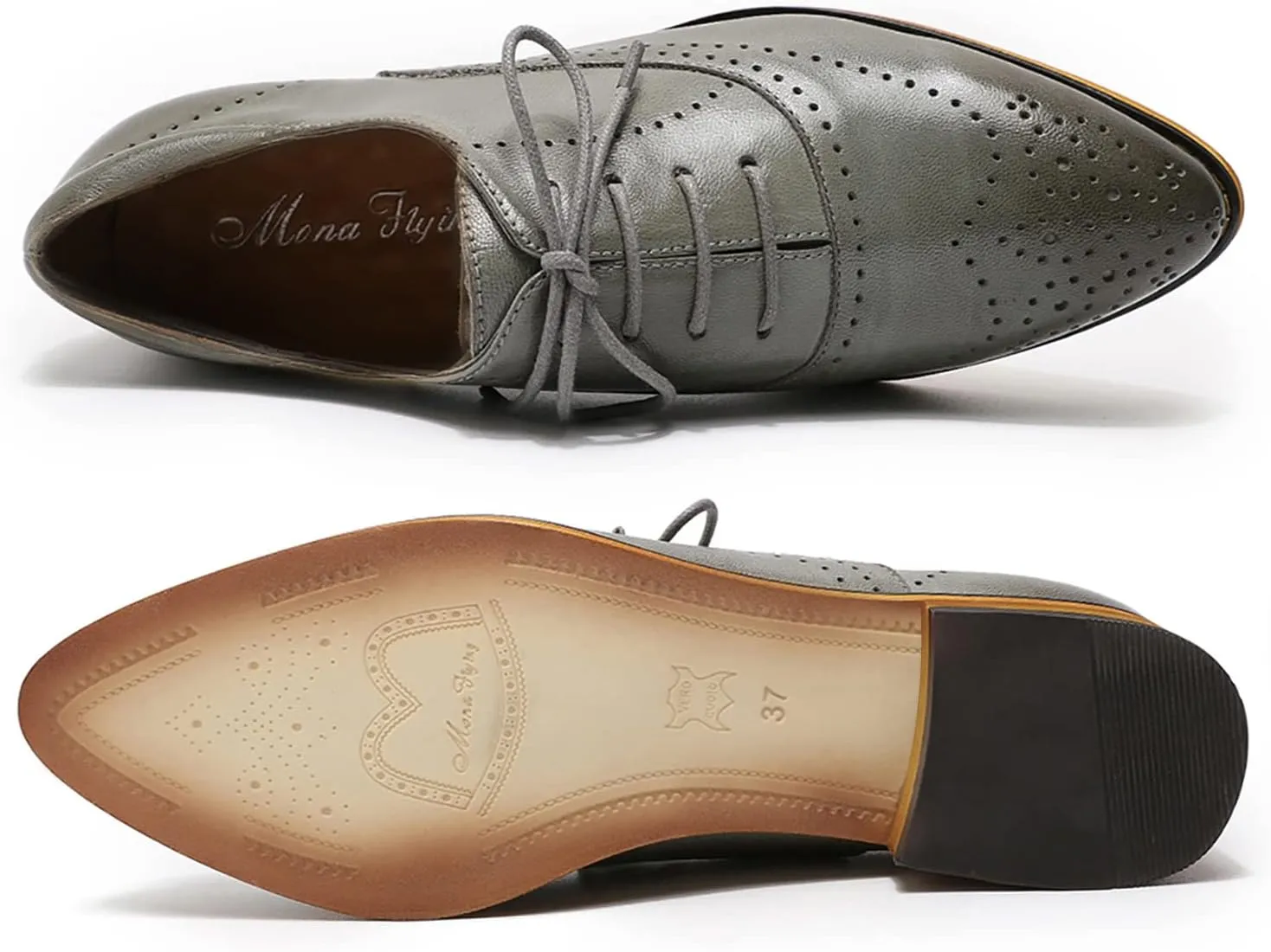 Mona flying Women's Leather Perforated Lace-up Oxfords Brogue Derby Shoes for Ladies