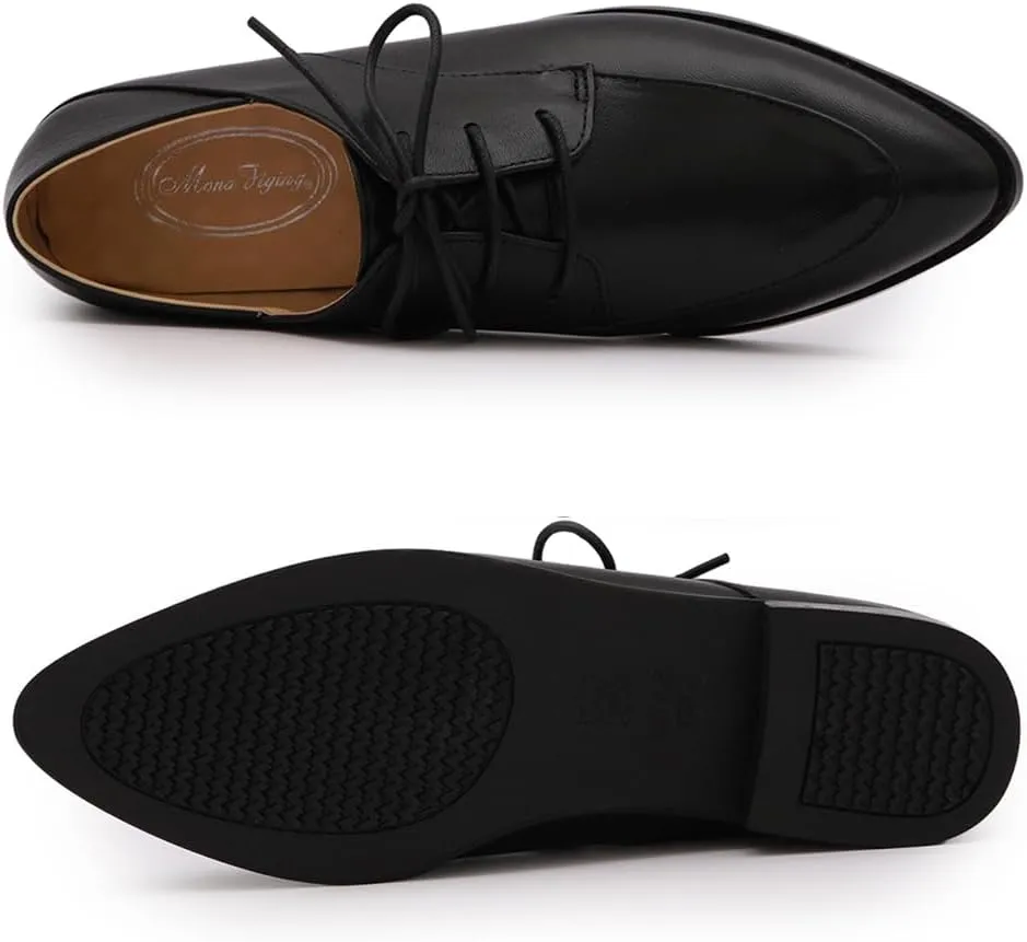 Mona flying Women's Pointed Toe Oxfords Derby Retro Lace up Leather Flat Office Work Shoes for Ladies