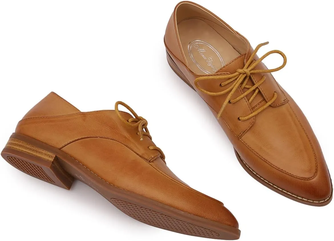 Mona flying Women's Pointed Toe Oxfords Derby Retro Lace up Leather Flat Office Work Shoes for Ladies