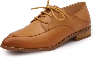 Mona flying Women's Pointed Toe Oxfords Derby Retro Lace up Leather Flat Office Work Shoes for Ladies