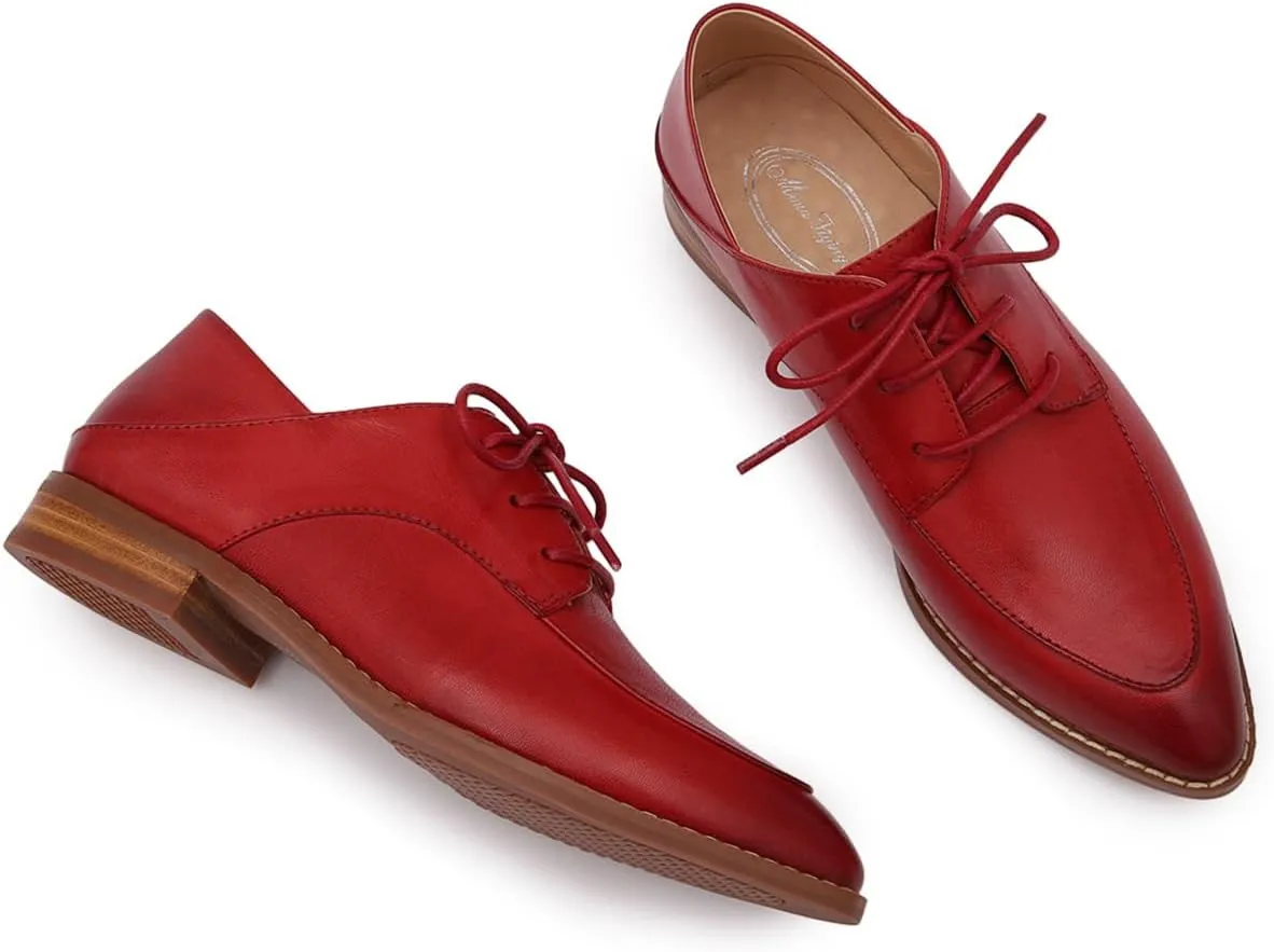 Mona flying Women's Pointed Toe Oxfords Derby Retro Lace up Leather Flat Office Work Shoes for Ladies