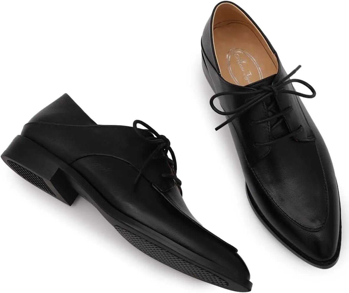 Mona flying Women's Pointed Toe Oxfords Derby Retro Lace up Leather Flat Office Work Shoes for Ladies