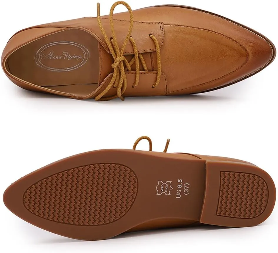 Mona flying Women's Pointed Toe Oxfords Derby Retro Lace up Leather Flat Office Work Shoes for Ladies