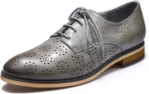Mona flying Women's Printed Oxfords Brogue Derby Ladies Lace up Leather Shoes