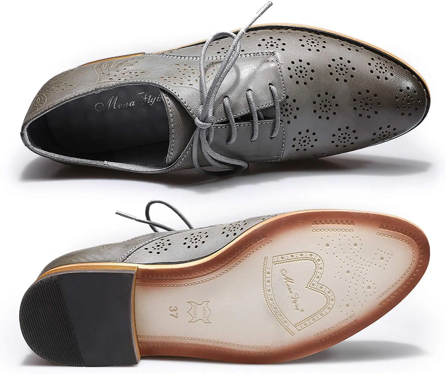 Mona flying Women's Printed Oxfords Brogue Derby Ladies Lace up Leather Shoes