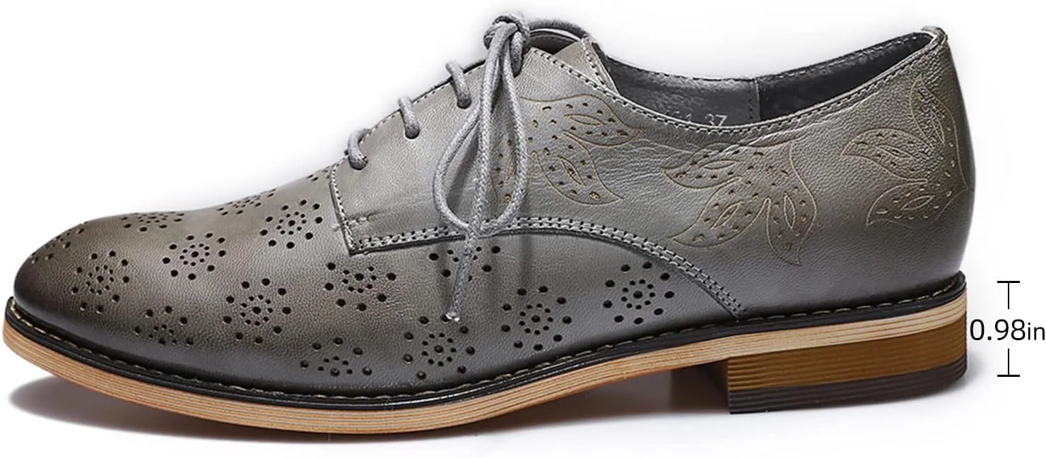Mona flying Women's Printed Oxfords Brogue Derby Ladies Lace up Leather Shoes