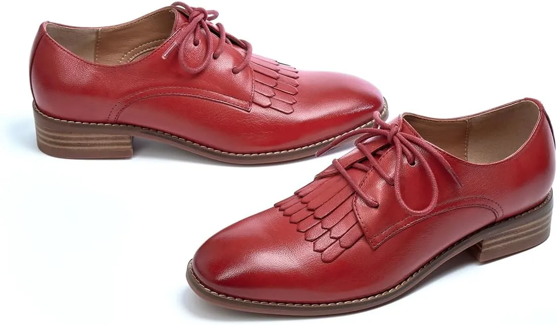 Mona flying Women's Tassel Oxfords Derby Comfortable Lace up Leather Flat Office Work Shoes for Ladies