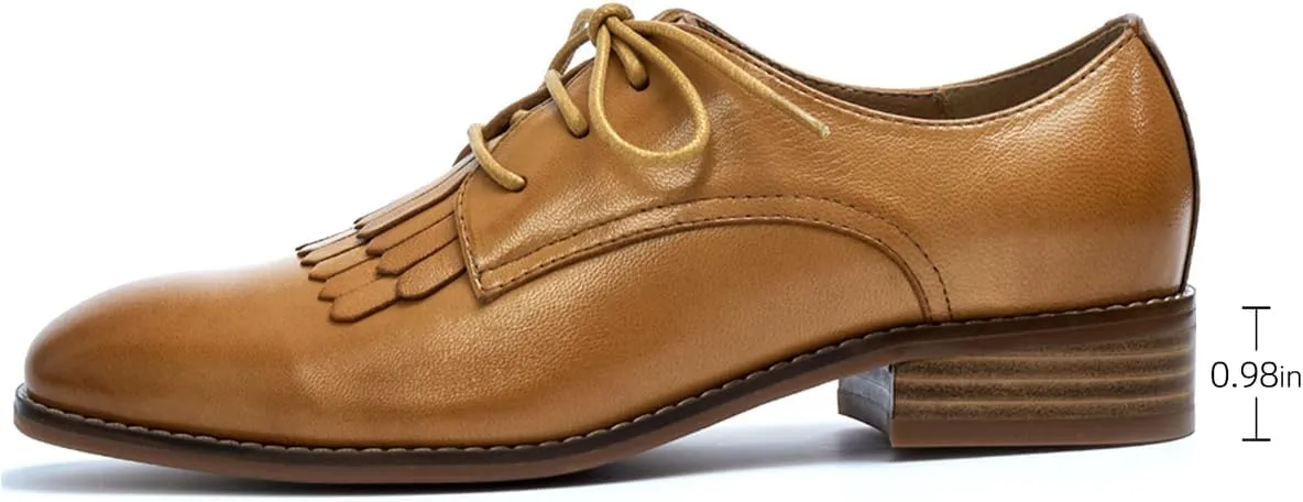 Mona flying Women's Tassel Oxfords Derby Comfortable Lace up Leather Flat Office Work Shoes for Ladies