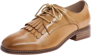 Mona flying Women's Tassel Oxfords Derby Comfortable Lace up Leather Flat Office Work Shoes for Ladies