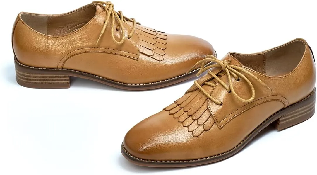 Mona flying Women's Tassel Oxfords Derby Comfortable Lace up Leather Flat Office Work Shoes for Ladies