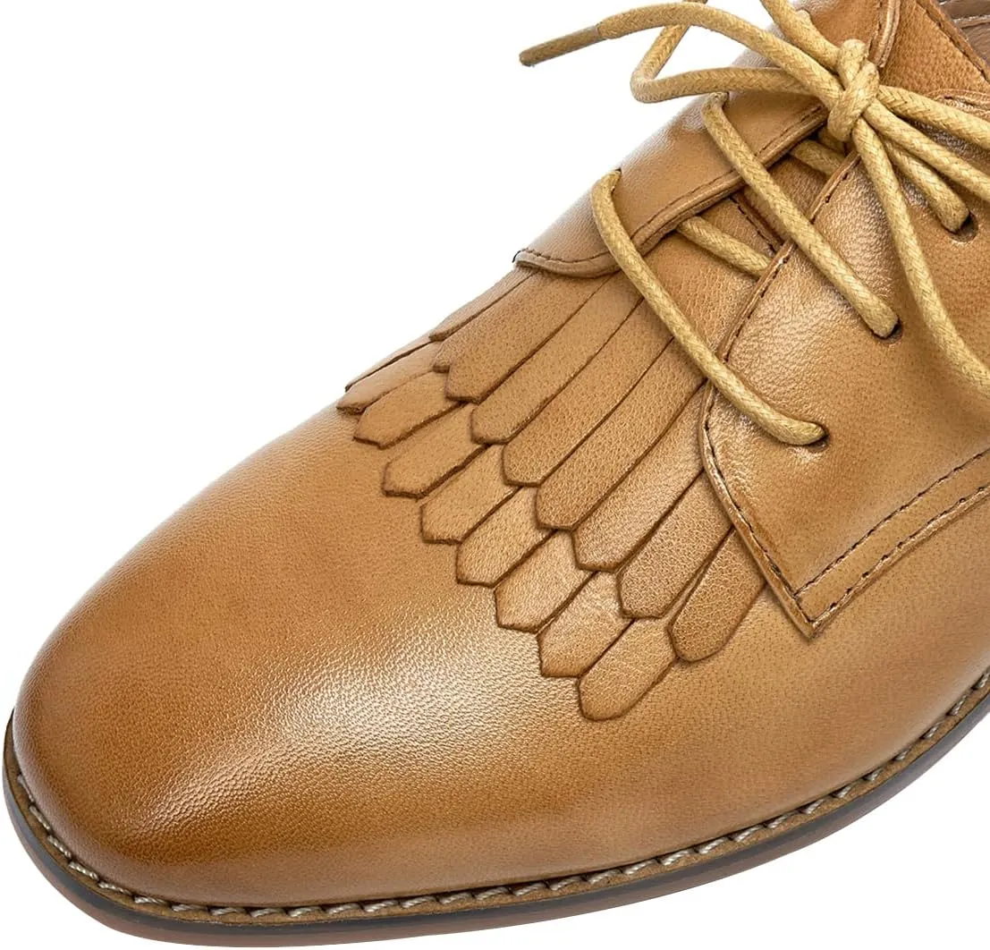 Mona flying Women's Tassel Oxfords Derby Comfortable Lace up Leather Flat Office Work Shoes for Ladies