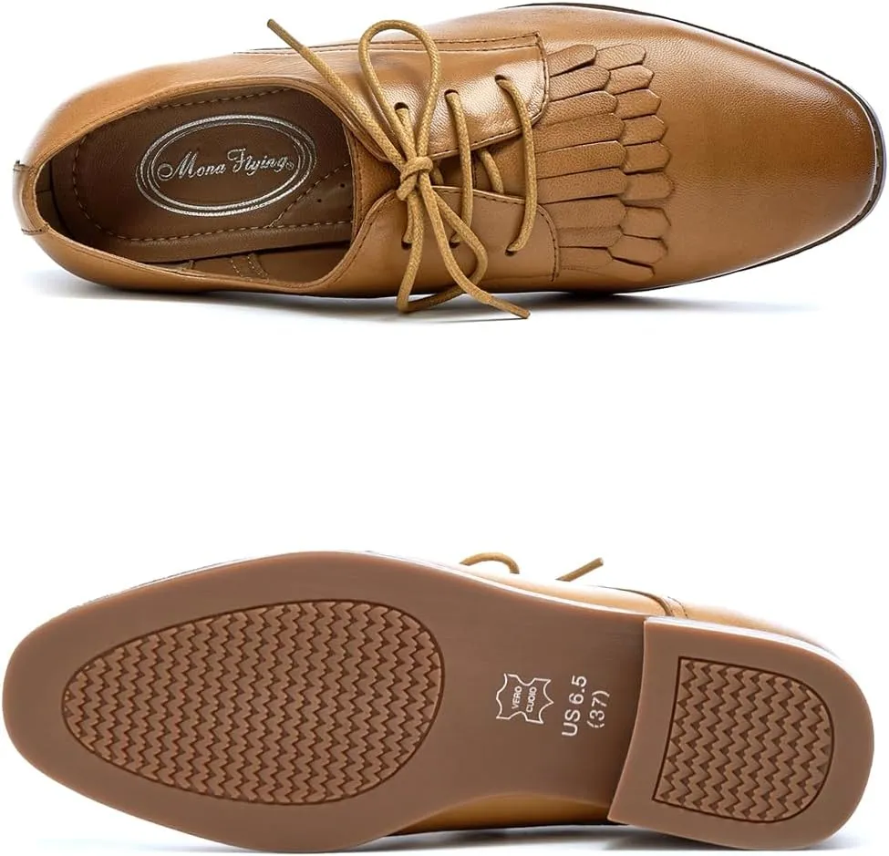 Mona flying Women's Tassel Oxfords Derby Comfortable Lace up Leather Flat Office Work Shoes for Ladies