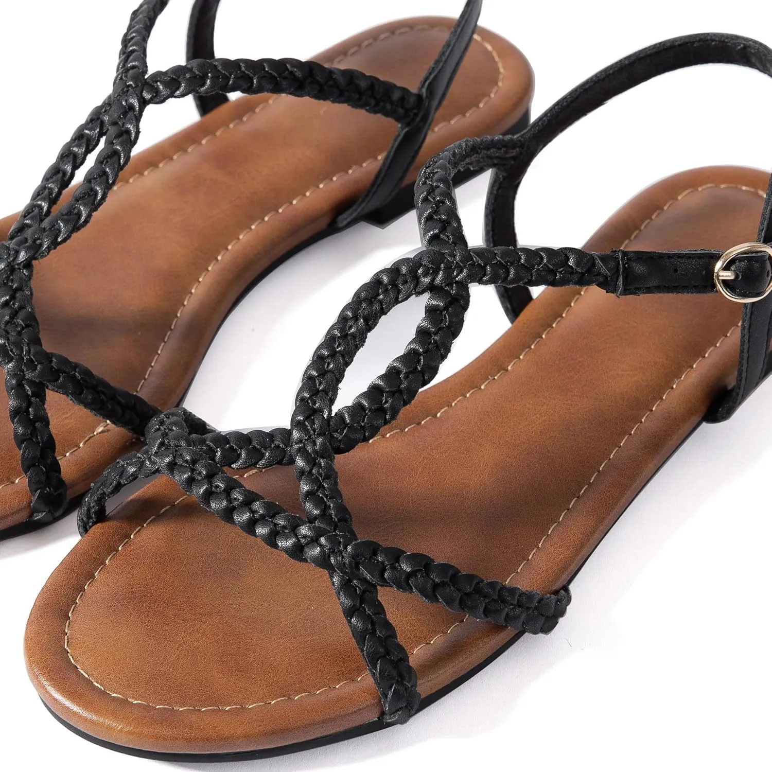 Mtzyoa Women Strappy Flat Sandals Gladiator Dressy Ankle Strap Summer Vacation Comfort Leather Ladies Casual Party Trendy