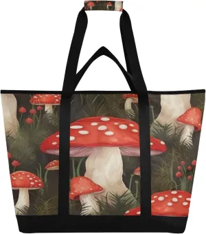 Mushroom Reusable Insulated Cooler Bag with Ice Pack Compartment - Large 48L Waterproof Thermal Grocery Tote for Picnic Beach Camping Lunch Storage