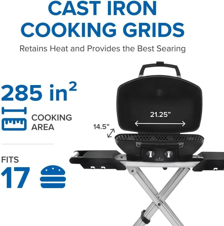 Napoleon TravelQ PRO285X Portable Propane Gas Grill with Foldable Scissor Cart, Black, 2 Burners, Tailgating, Camping, and Small Outdoor Spaces