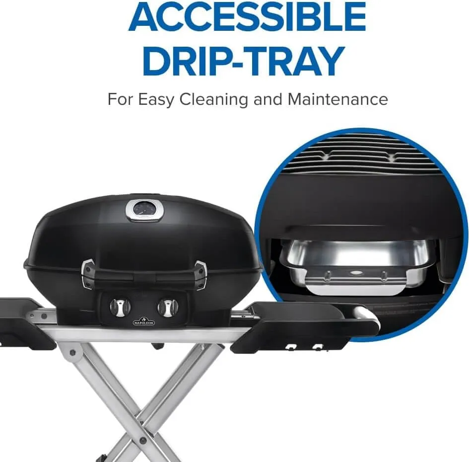 Napoleon TravelQ PRO285X Portable Propane Gas Grill with Foldable Scissor Cart, Black, 2 Burners, Tailgating, Camping, and Small Outdoor Spaces