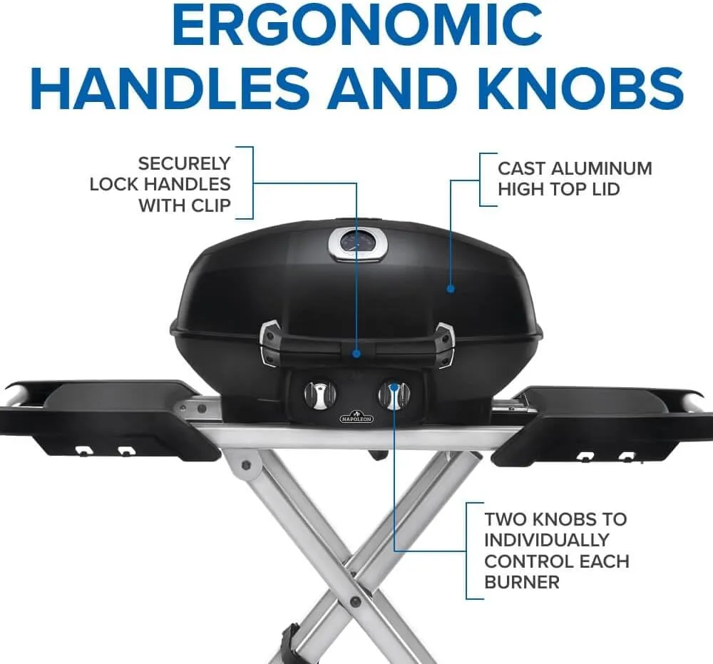 Napoleon TravelQ PRO285X Portable Propane Gas Grill with Foldable Scissor Cart, Black, 2 Burners, Tailgating, Camping, and Small Outdoor Spaces