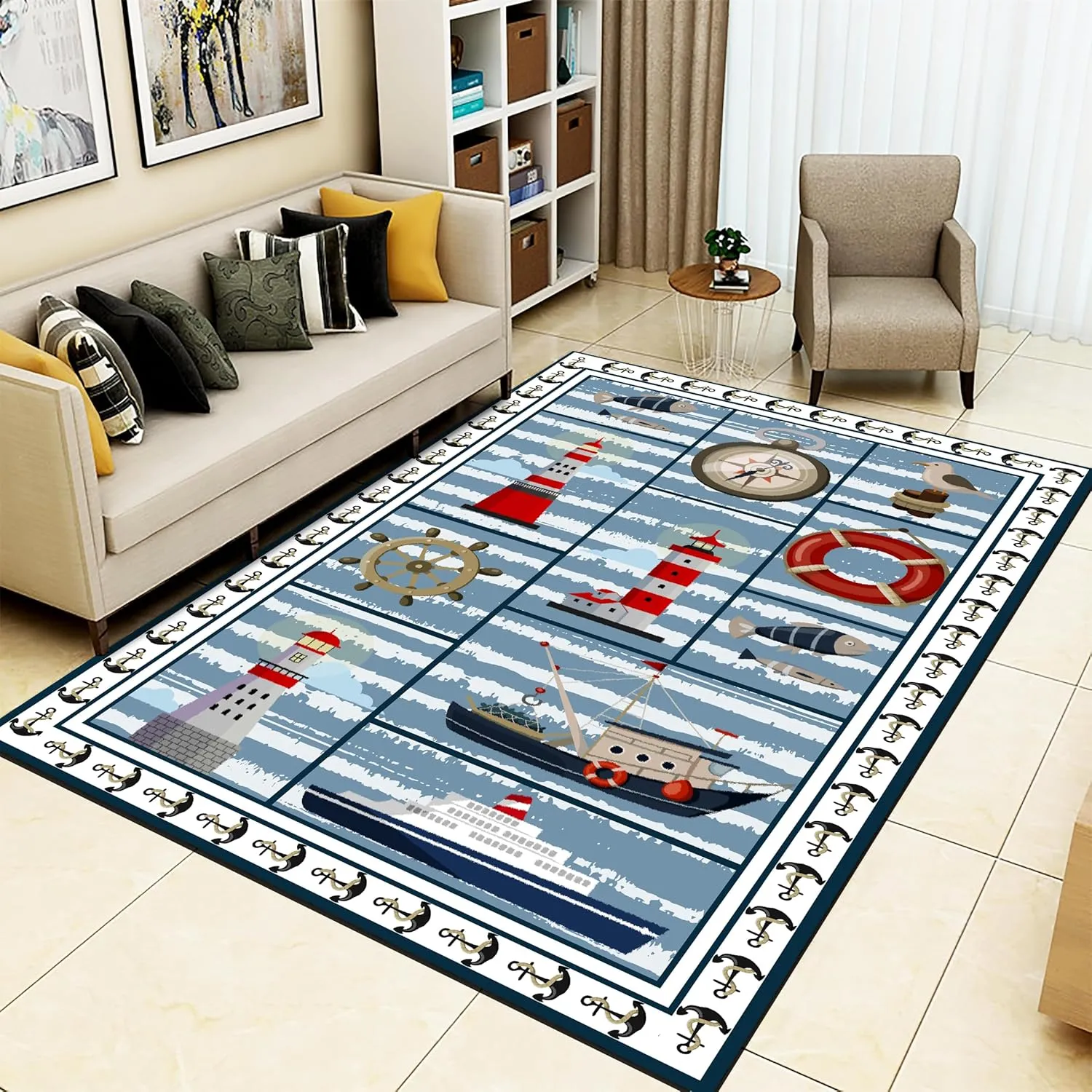 Nautical Theme Rugs for Living Room, 4x6ft, Sea Sailboat Compass Floor Carpets, Cozy Soft Foldable Washable Rug, with Non Slip Backing Breathable Rugs for Dining Room Hallway Kitchen