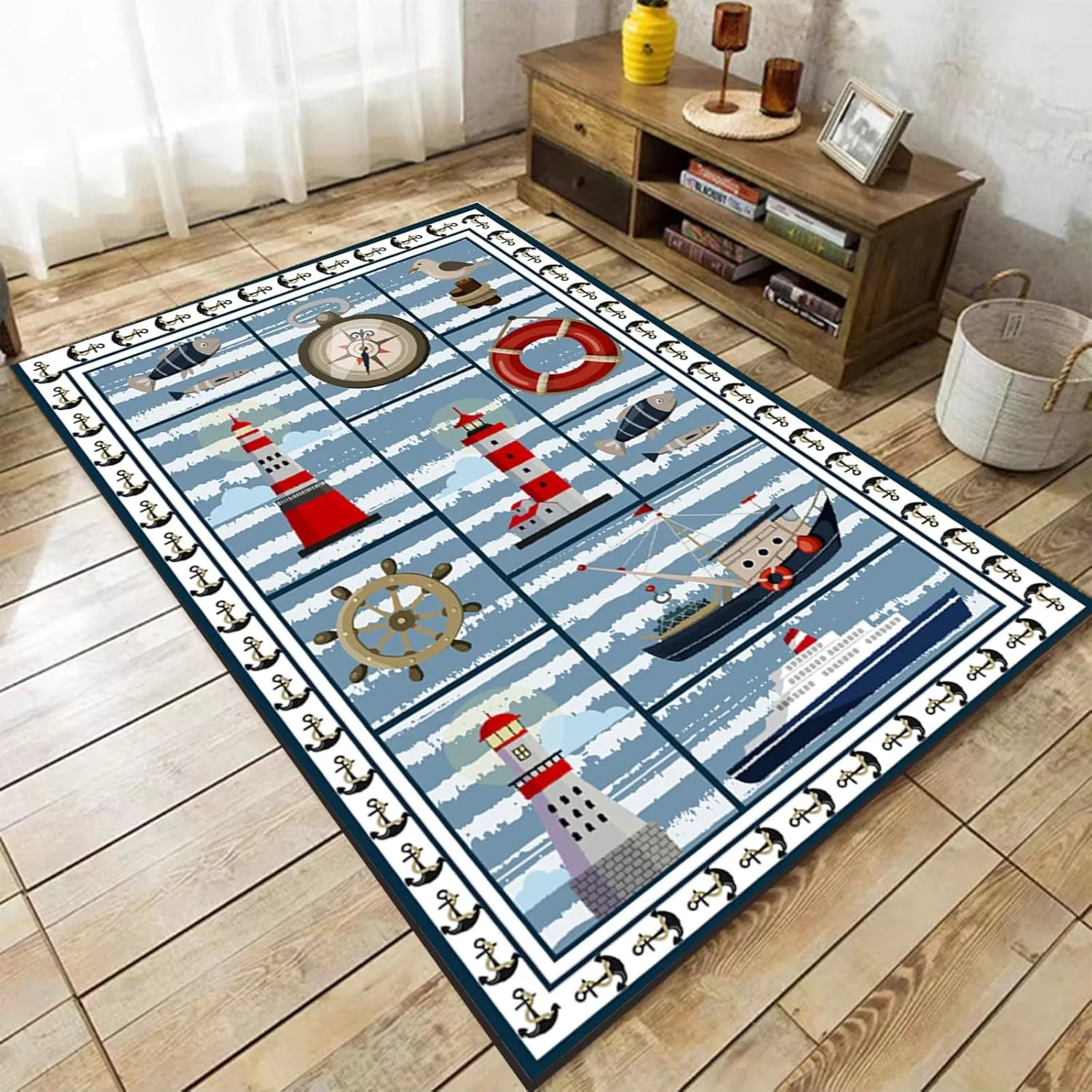 Nautical Theme Rugs for Living Room, 4x6ft, Sea Sailboat Compass Floor Carpets, Cozy Soft Foldable Washable Rug, with Non Slip Backing Breathable Rugs for Dining Room Hallway Kitchen