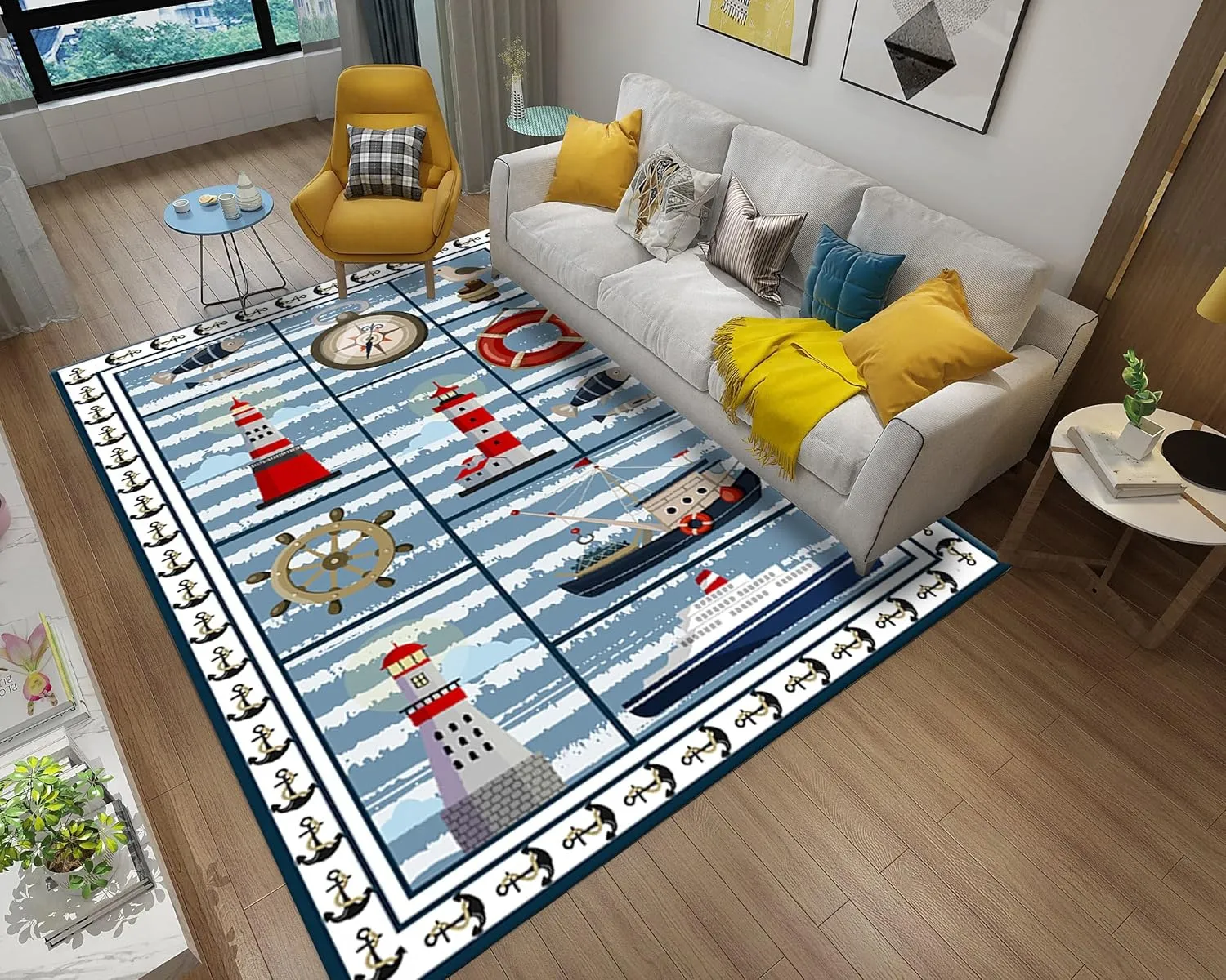 Nautical Theme Rugs for Living Room, 4x6ft, Sea Sailboat Compass Floor Carpets, Cozy Soft Foldable Washable Rug, with Non Slip Backing Breathable Rugs for Dining Room Hallway Kitchen