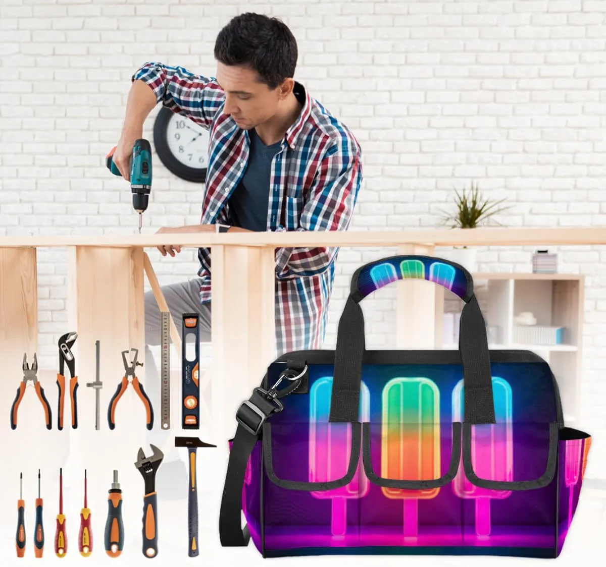 Neon Popsicle Durable Tool Bag for Men with Multiple Pockets - Waterproof Oxford Cloth, Sturdy Zipper, Adjustable Shoulder Strap - Ideal for Woodworking, Maintenance, and Outdoor Activities