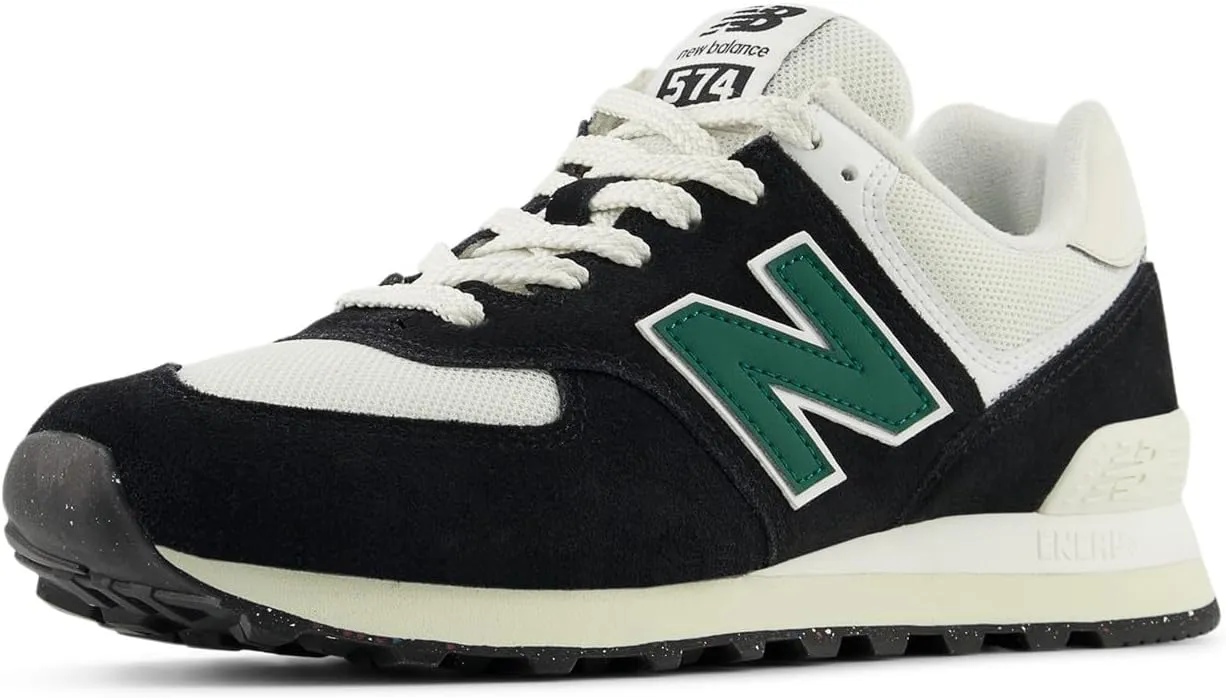 New Balance Unisex 574 V2 Varsity Suede Sneaker, Black/White/Marsh Green, 11 US Men