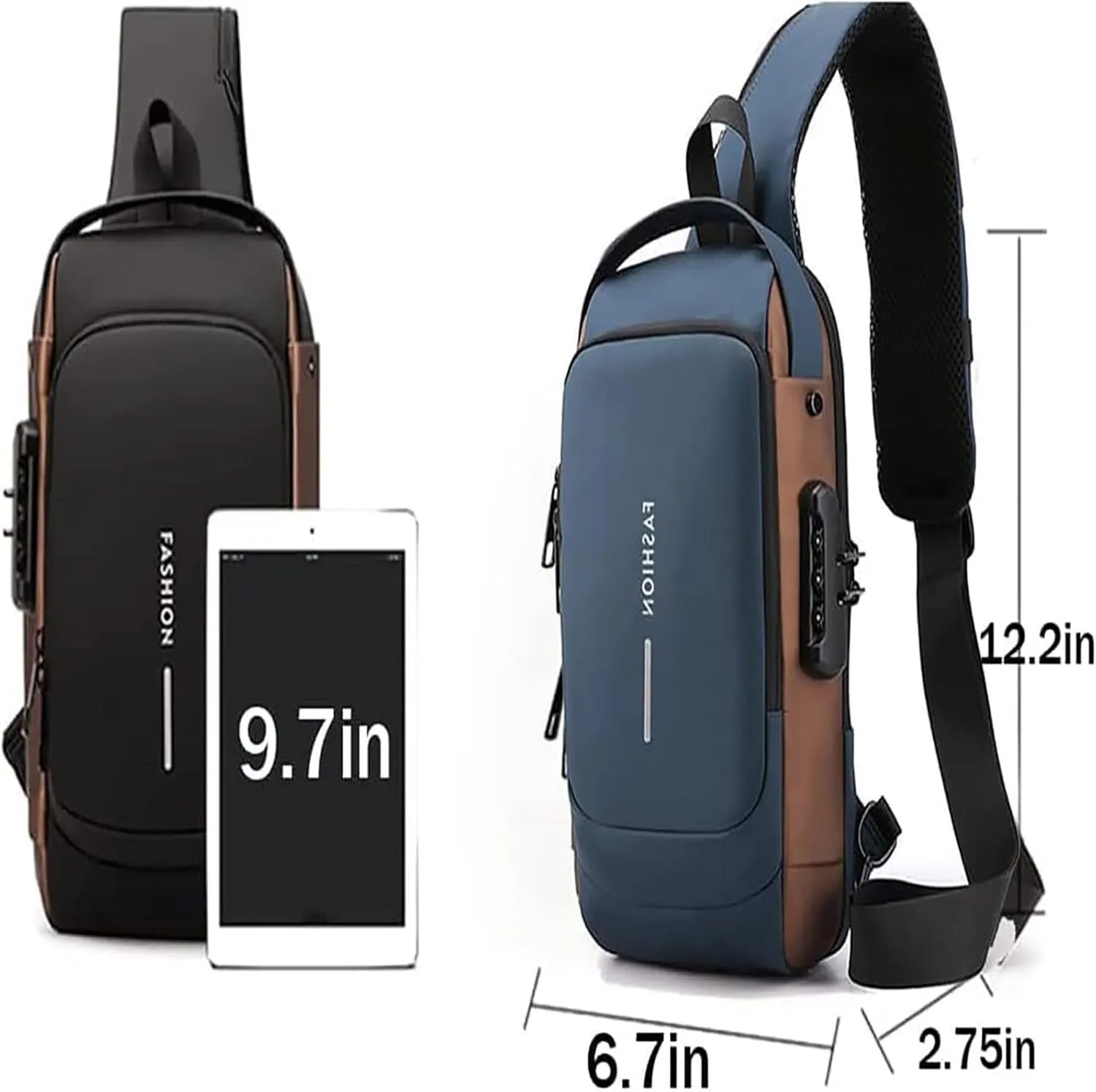 New Carbon Fiber Streamline Anti-Theft Sling Bag, Usb Charging Sport Sling, Waterproof Shoulder Backpack (Black with Brown)