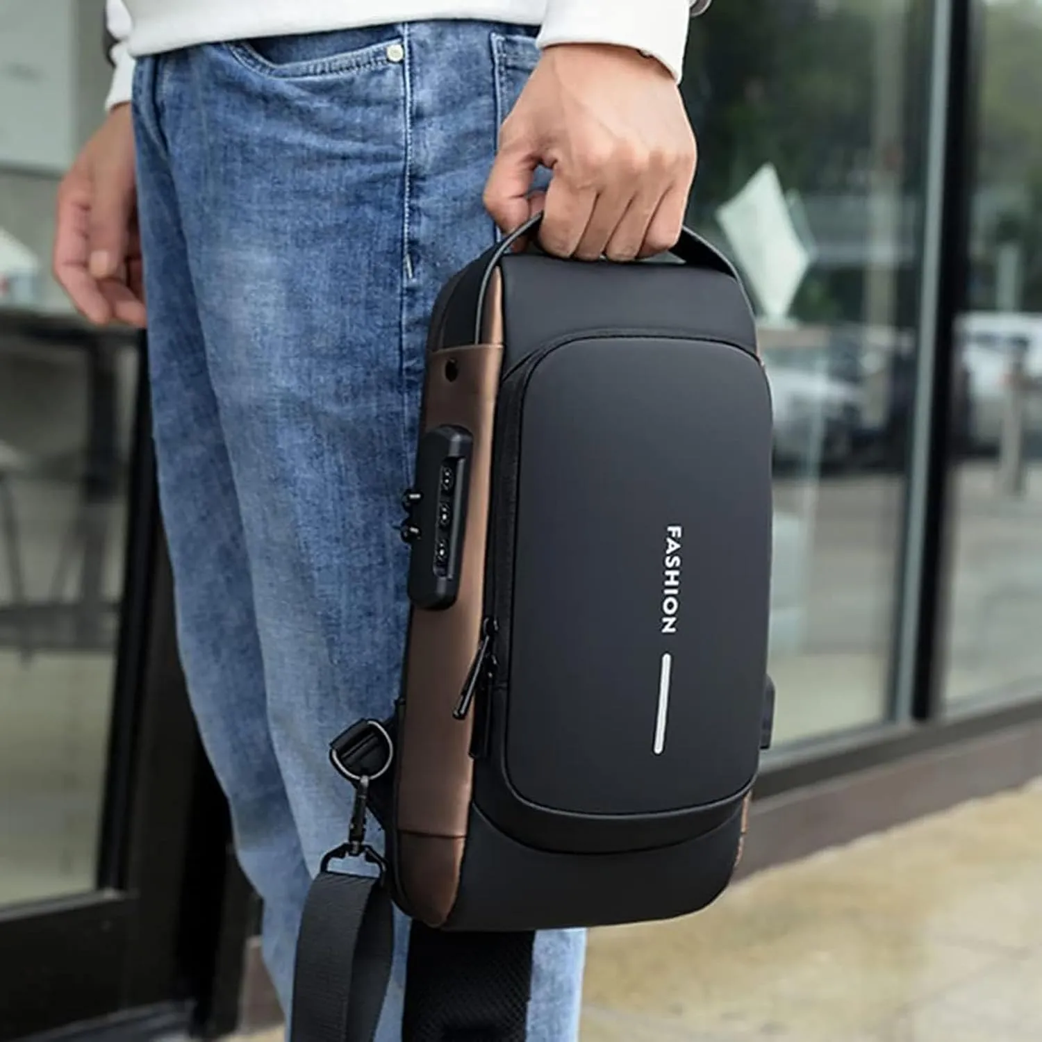 New Carbon Fiber Streamline Anti-Theft Sling Bag, Usb Charging Sport Sling, Waterproof Shoulder Backpack (Black with Brown)