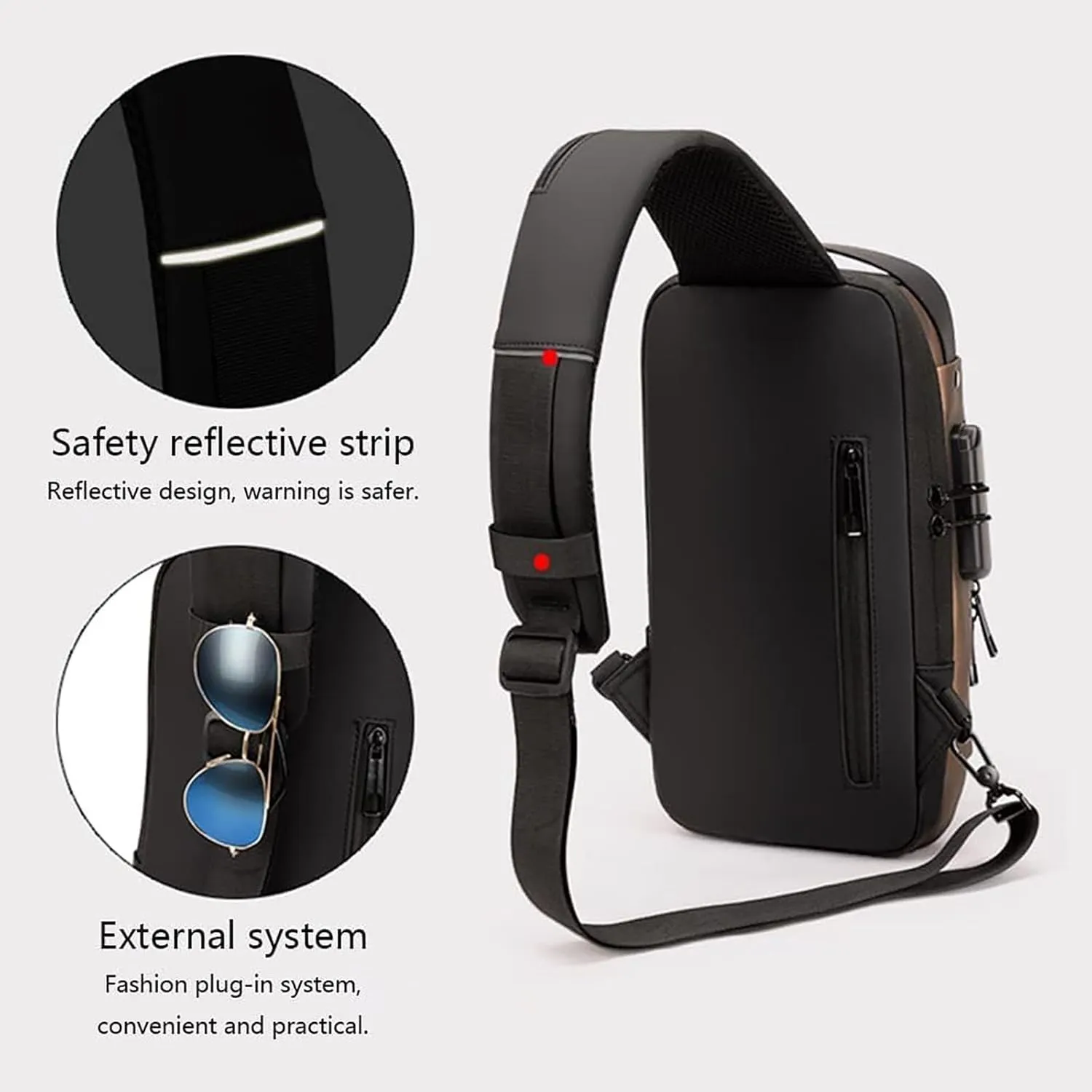 New Carbon Fiber Streamline Anti-Theft Sling Bag, Usb Charging Sport Sling, Waterproof Shoulder Backpack (Black with Brown)
