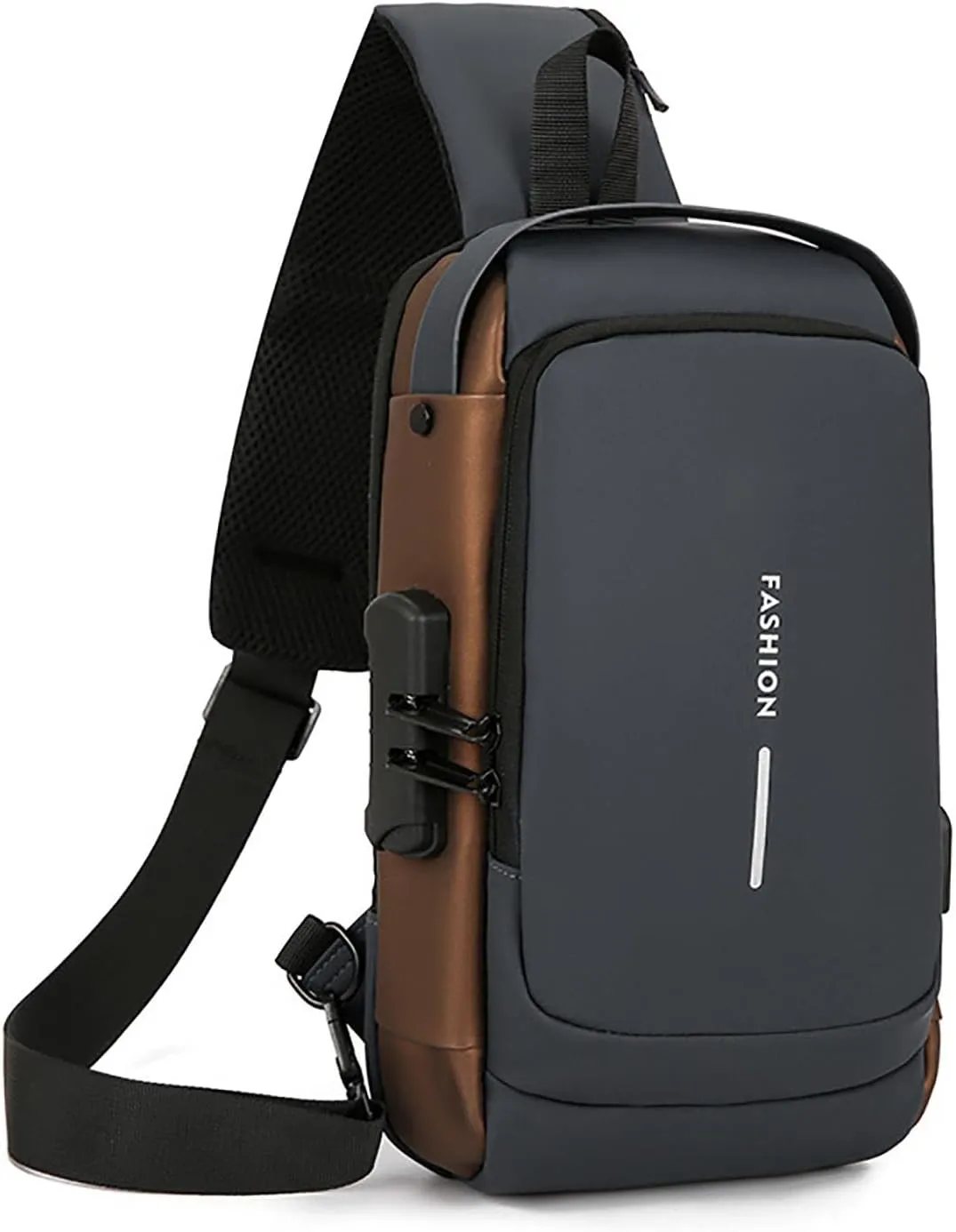 New Carbon Fiber Streamline Anti-Theft Sling Bag, Usb Charging Sport Sling, Waterproof Shoulder Backpack (Black with Brown)