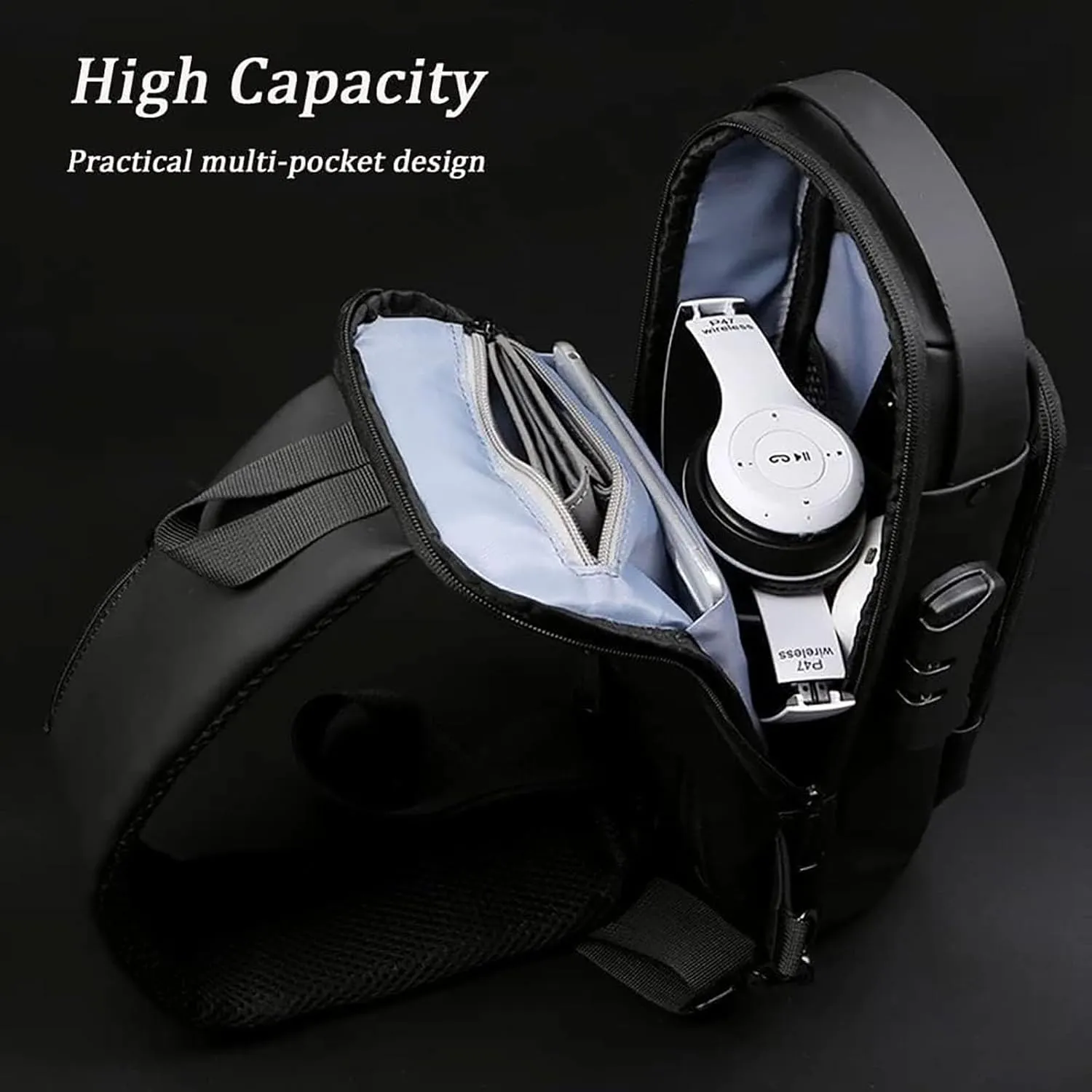 New Carbon Fiber Streamline Anti-Theft Sling Bag, Usb Charging Sport Sling, Waterproof Shoulder Backpack (Black with Brown)