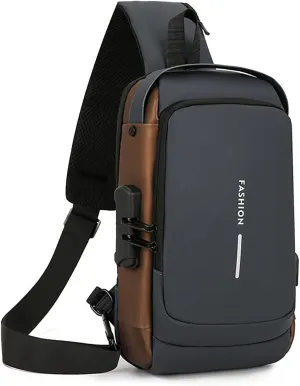 New Carbon Fiber Streamline Anti-Theft Sling Bag, Usb Charging Sport Sling, Waterproof Shoulder Backpack (Black with Brown)