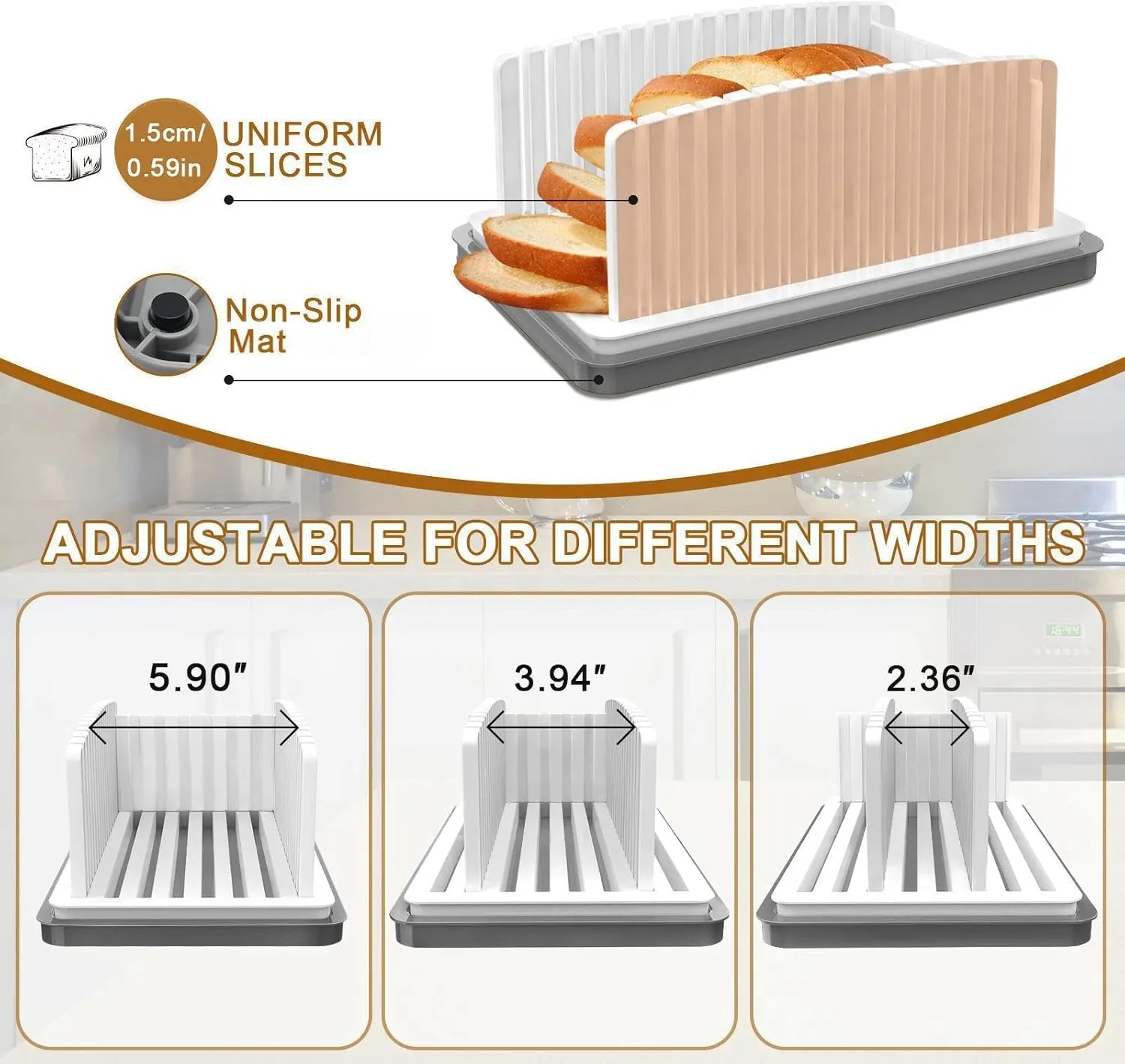 New Upgrade Bread Slicer for Homemade Bread, Bread Slicing Guide Adjustable Width, Foldable and Compact Cutting Guide with Crumb Tray, Suitability for Homemade Bread, Bagels, Cakes