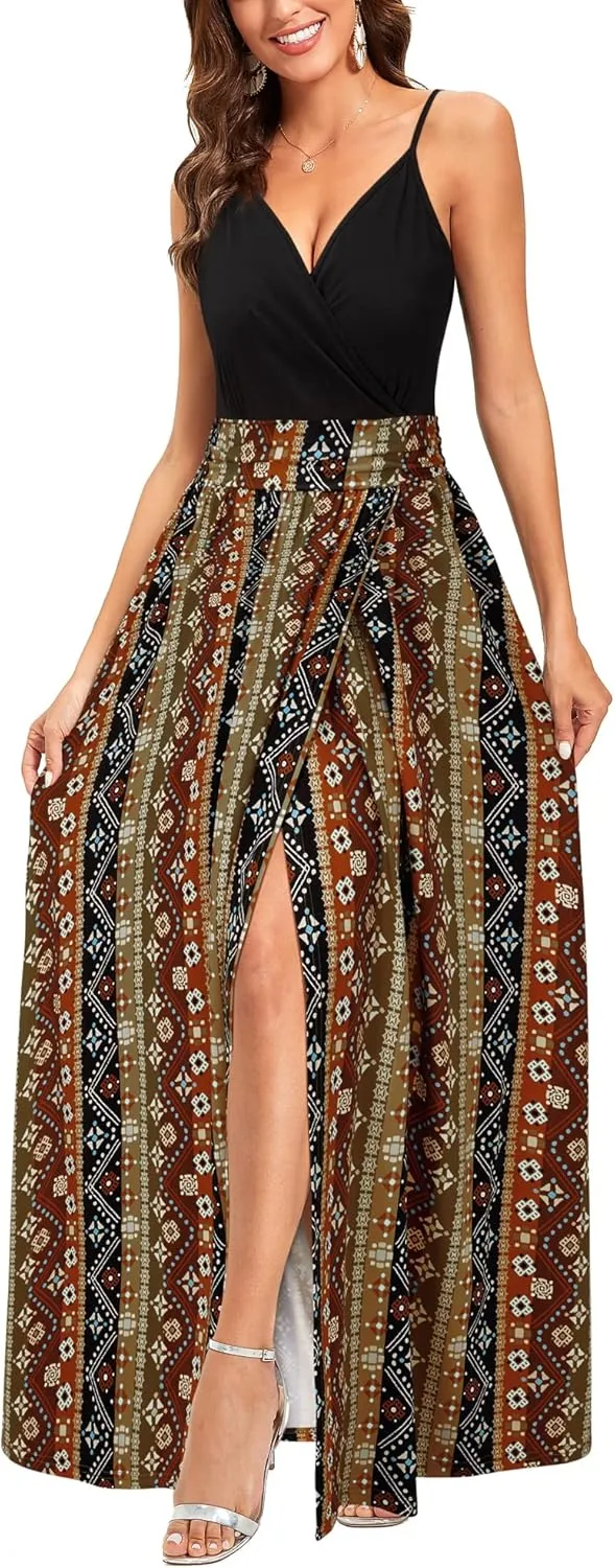 Newshows Women Summer 2025 Maxi Dress Vacation Floral Spaghetti Strap Spring Casual Boho Split Beach Long Flowy Sundress