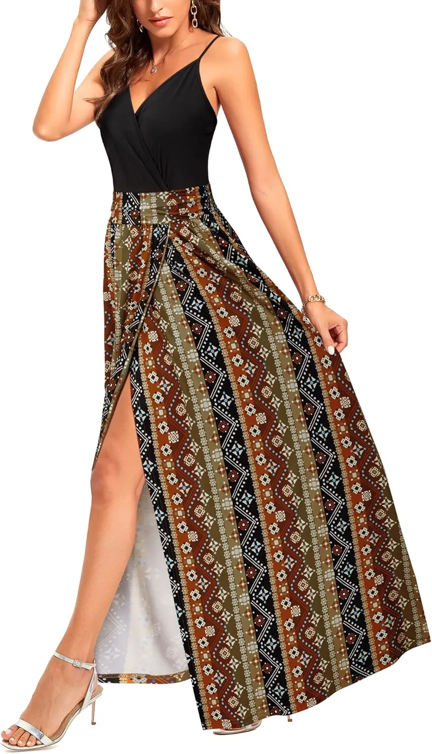 Newshows Women Summer 2025 Maxi Dress Vacation Floral Spaghetti Strap Spring Casual Boho Split Beach Long Flowy Sundress