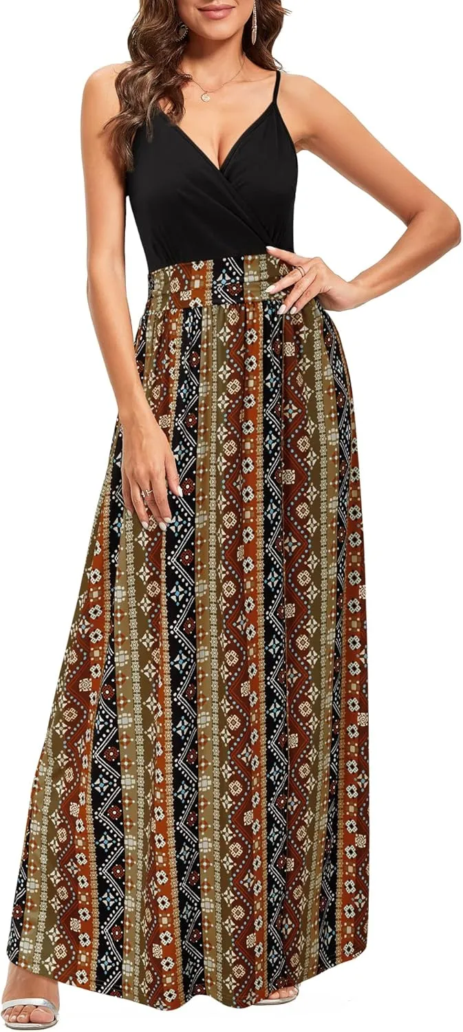 Newshows Women Summer 2025 Maxi Dress Vacation Floral Spaghetti Strap Spring Casual Boho Split Beach Long Flowy Sundress