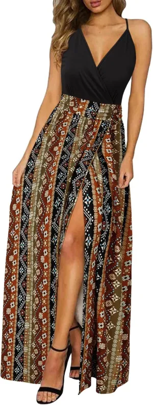 Newshows Women Summer 2025 Maxi Dress Vacation Floral Spaghetti Strap Spring Casual Boho Split Beach Long Flowy Sundress