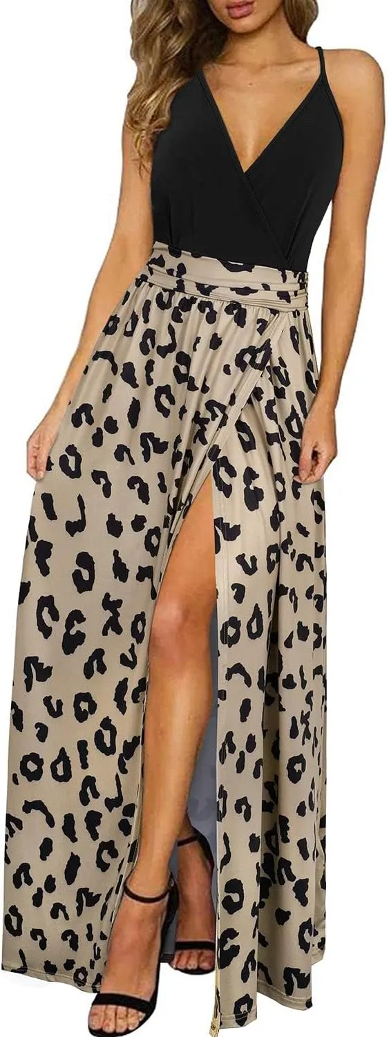 Newshows Women Summer 2025 Maxi Dress Vacation Floral Spaghetti Strap Spring Casual Boho Split Beach Long Flowy Sundress