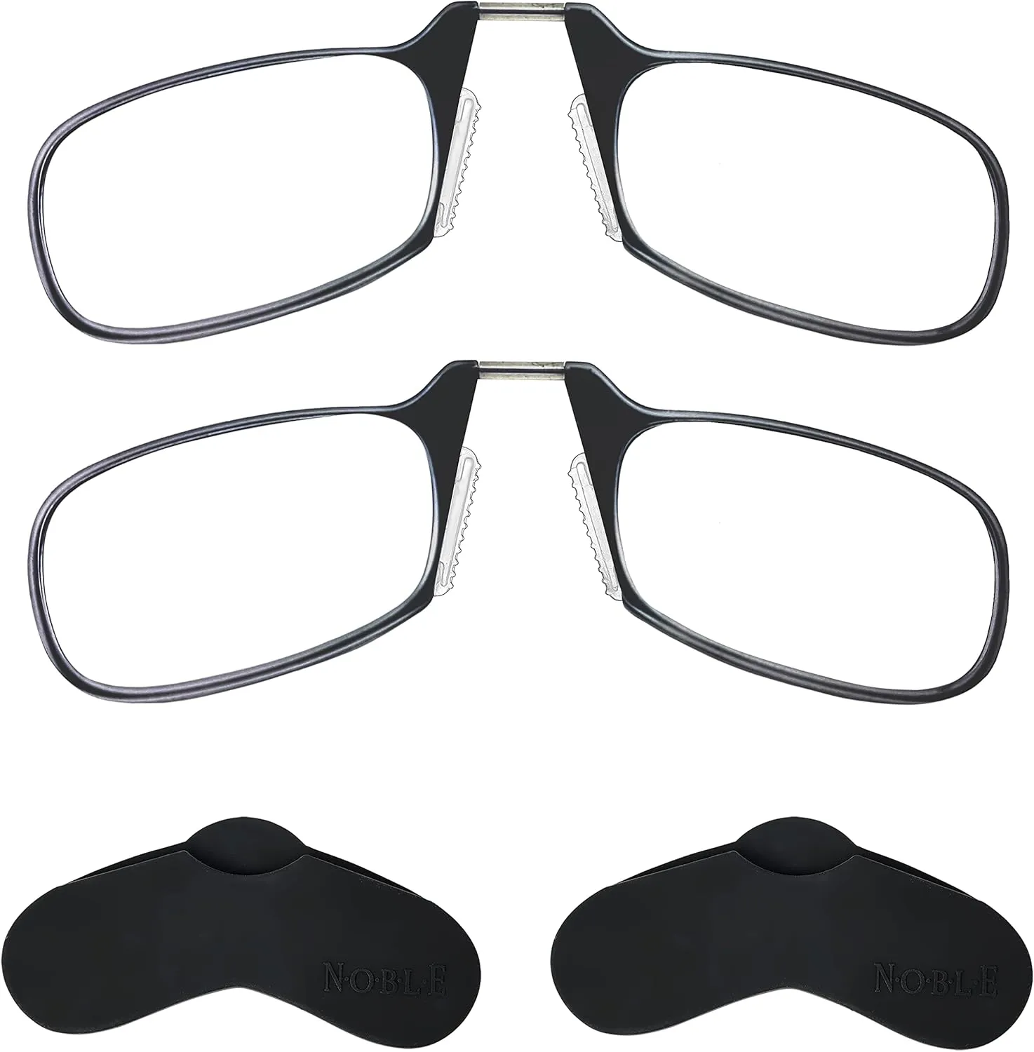 Noble Ultra Slim and Flat Reading Glasses Thin and Flexible Armless (2 Pairs) Enhanced Comfort Nose Rest, Armless Pocket Size Readers with 2 Stick-on Silicone Case Holder (Black,  1.00)